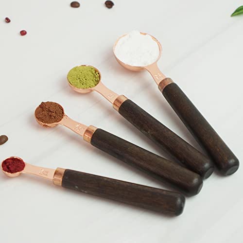 Image of Stainless Steel Measuring Spoons Set of 4. with Copper Finish and Wooden Handles for Baking and Cooking, Accurate Kitchen Measuring Set