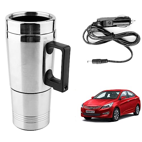 Image of Oshotto 12V Stainless Steel Car Heating Kettle /Mug, Travel Friendly electric Tea /Coffee maker Compatible with Hyundai Verna Fludic (300ml) - Silver