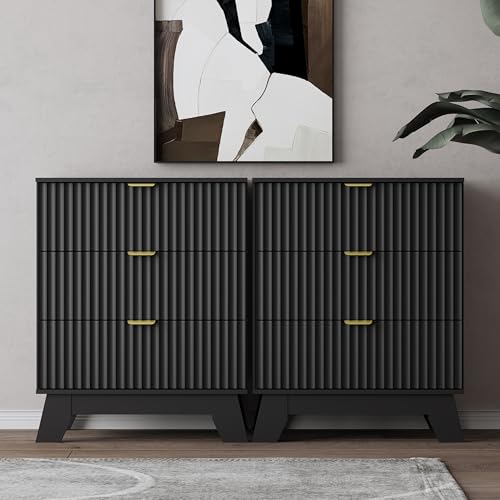 Image of Wodeer Night Stand Set 2, Bedside Table & End Table, Mid Century Modern Fluted Wood Nightstand with 3 Drawers & Metal Handles, Farmhouse Nightstand for Bedroom, Black