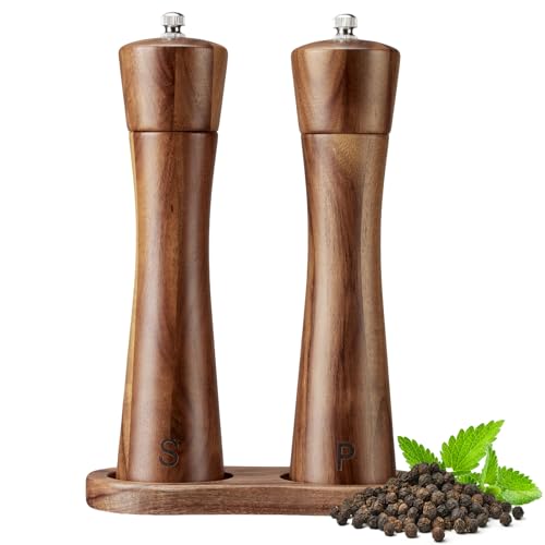 Osrioal Salt and Pepper Grinder Set, 8 Inch Wooden Salt and Pepper Mill with Tray, Salt and Pepper Grinder Refillable Spice for Cooking and Baking（Set of 2）