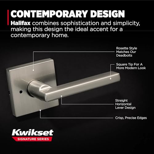Image of Kwikset Halifax Interior Square Privacy Door Handle with Lock, Door Lever for Bathroom and Bedroom, Satin Nickel Reversible Keyless Push Button Lock Door Lever