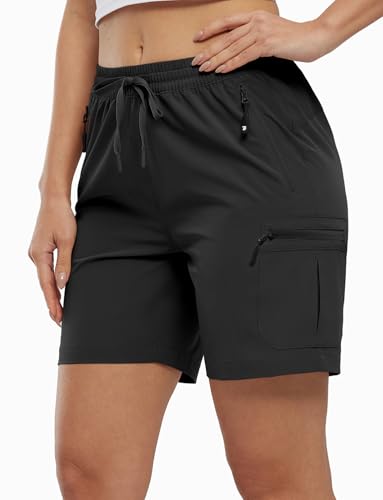 BASUDAM Women's Athletic Shorts Quick Dry Cargo Lightweight Zipper Pockets Summer Outdoor Hiking Running Black M