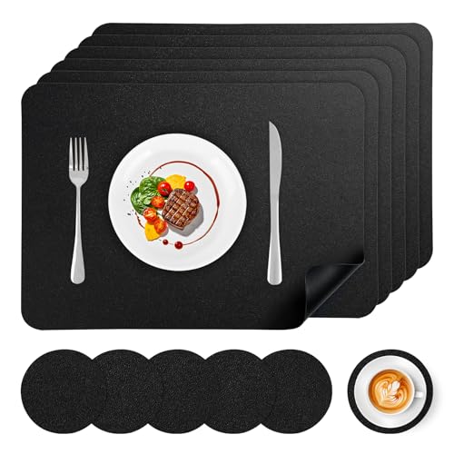 APLKER Tischset Leder 6er Set - Kunstleder Platzset Abwaschbar, Hitzebeständig Doppelseitigen Wasserdicht Platzdeckchen Lederoptik mit Tischuntersetzer, 16.9 x 11.8 Zoll/43 * 30CM,Schwarz