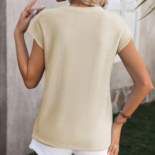 Image of Womens Lightweight Knit Top Cap Sleeve Crew Neck Shirt | Lightweight textured knit top with relaxed fit and cap sleeves, light colors may perspective