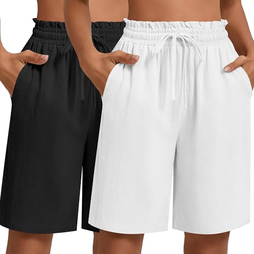 Neer 2 Pcs Women's Linen Summer Shorts Casual Bermuda Wide Leg Mid Length High Waisted Drawstring Short with Pocket (Black, White,XL)
