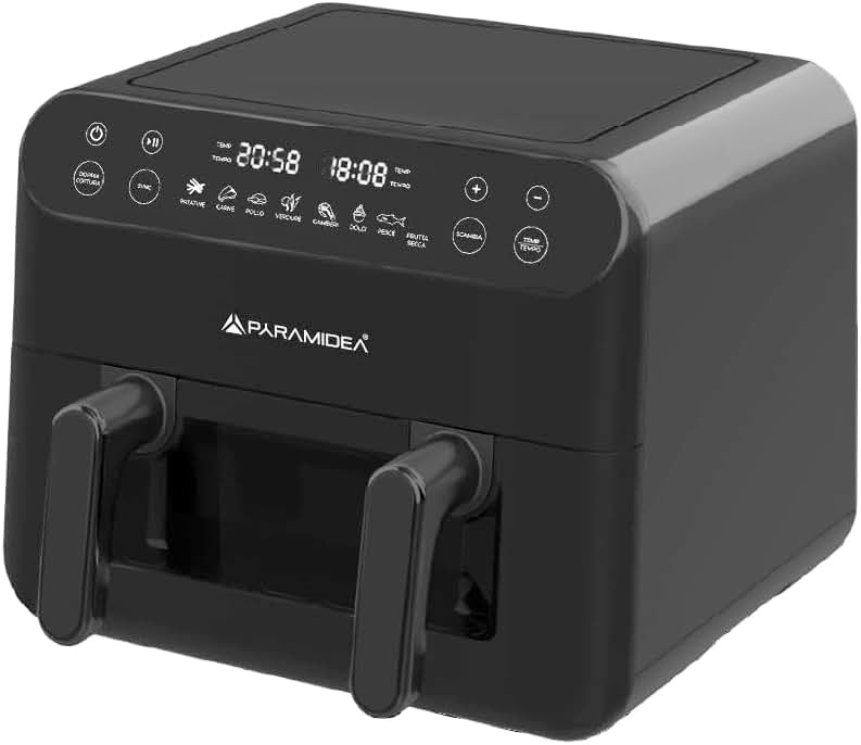 8 programmi + modalità manuale – massima versatilità: Patatine, carne, pollo, verdure, pesce, gamberi, dessert e persino disidratazione: un solo elettrodomestico per cucinare di tutto, anche al forno e alla griglia.