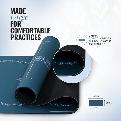 Image of WiseLife PU Alignment Rubber Professional Yoga Mat + Carry Strap - Extra Thick Extra Long Extra Wide Exercise floor mat for Gym, Workout, Fitness, Yoga and Pilates) PURE PU Leather & Natural Rubber ( Frosted Blue 6mm )