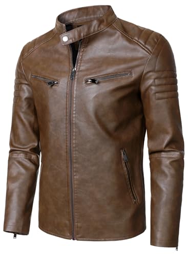 HOOD CREW Men’s Faux Leather Motorcycle Jackets Stand-up Collar Leather Jacket Vintage Coats Outwear3