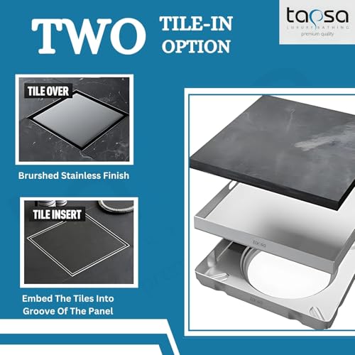 Image of Tapsa Tile Insert Floor Drain | 304 Stainless Steel | Invisible Shower Drain Channel | Shower Drain Channel | Water Drain Channel | with Cockroach Trap. (5X5, SS Matte Tile Insert Floor Drain 20 mm)