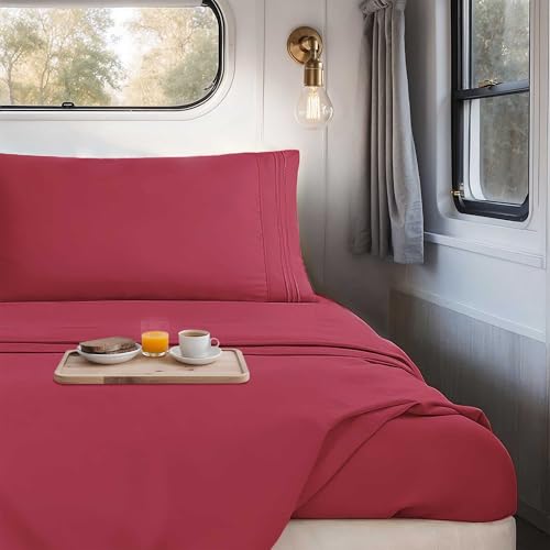 Nestl Burgundy Red Short Queen Sheets for RV, Hotel Luxury RV Queen Sheets Set, 4 Piece Fitted Bed Sheet Set and Pillowcases, Super Soft, Wrinkle-Free, and Breathable Camper Bedding