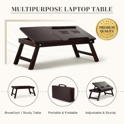 Image of Wooden Laptop Table Standard Adjustable Study Table with Laptop, Portable Lap Desk, Multifunctional Bed Table with Drawer and Folding Legs (Walnut)