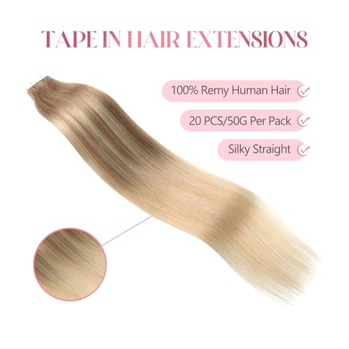 Image of Sixstarhair Tape in Hair Extensions Balayage Hair Made Of 100 Human Hair Balayage Tape In Extensions Ombre Ash Brown Fading to Dirty Blonde Highlight Ash blonde [B8-18-60 20inch]