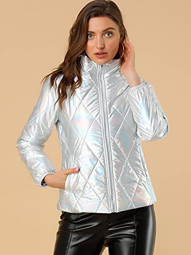 Allegra K Women's Christmas Puffer Jacket Holographic Shiny Metallic Jacket4