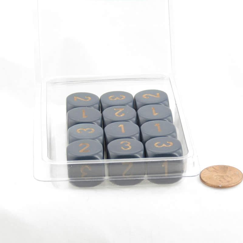 Dusty Blue Opaque Dice with Gold Numbers D3 (d6 1-3 Twice) 16mm (5/8in) Pack of 12 Wondertrail