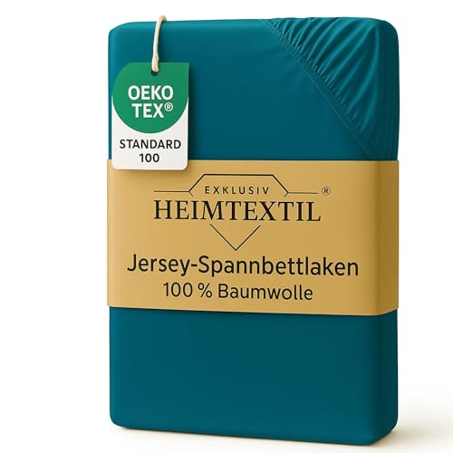 EXKLUSIV HEIMTEXTIL Marke Jersey Spannbettlaken 200 x 220 cm 100% Baumwolle Öko - Tex Zertifiziert, Markenqualität, Matratzenhöhe bis 35 cm, Petrol