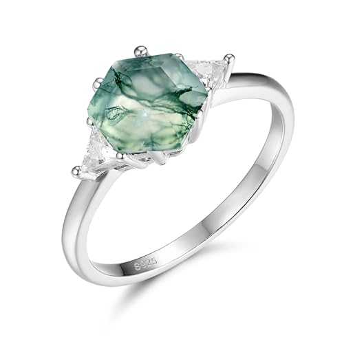 1.5ct Natural Moss Agate Ring Sterling Silver Hexagon Shaped Engagement Ring Green Agate Promise Wedding Rings for Women