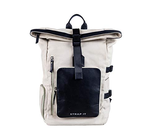Image of Strap It TABI - Multipurpose Canvas Rolltop Laptop Backpack with Genuine Leather Details