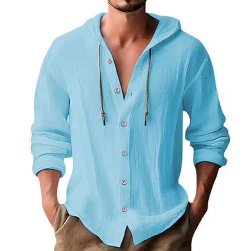 Camisas de Hombre Lino Camisas de Lino para Hombre Camisas Casuales con Botones Camisas de Playa de Verano de Manga Larga Tops con Capucha