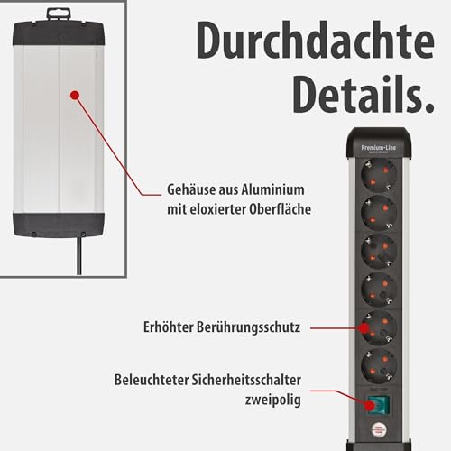 Brennenstuhl Premium-Alu-Line Steckdosenleiste 8-Fach/Mehrfachsteckdose aus hochwertigem Aluminium (mit 2 Schaltern für je 4 Steckdosen und 3m Kabel, Made in Germany)
