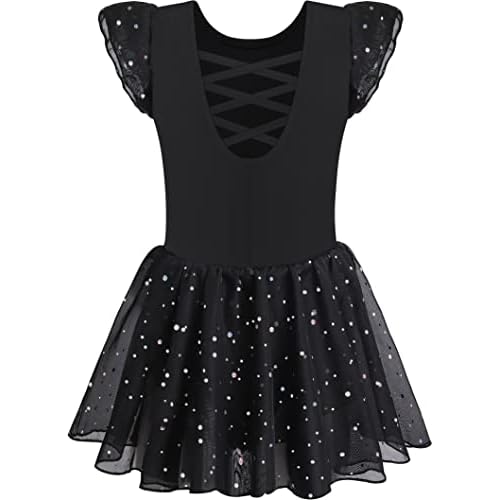 MOLLDAN Girls Dance Leotards for Ballet Dress Shiny Skirt Ruffle Sleeve Crisscross Back Black 8-10 Years