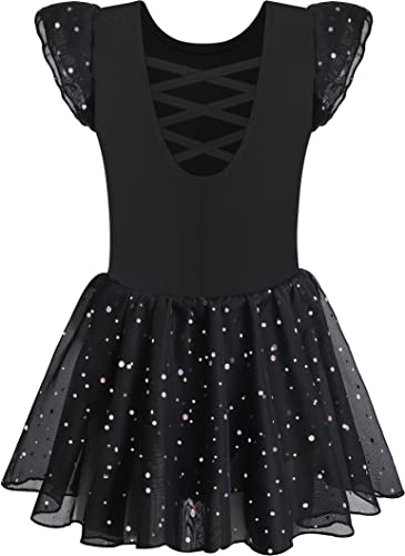 Image of MOLLDAN Girls Dance Leotards for Ballet Dress Shiny Skirt Ruffle Sleeve Crisscross Back