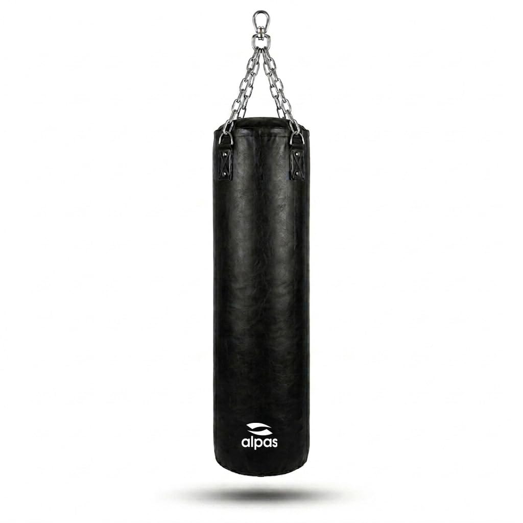 Alpas Boxsack 120cm - robust & langlebig | Sandsack in Profiqualität I 4-Punkt Stahlkette für Boxen, Kickboxen, MMA, Muay Thai und weitere Kampfsportarten I Kunstleder