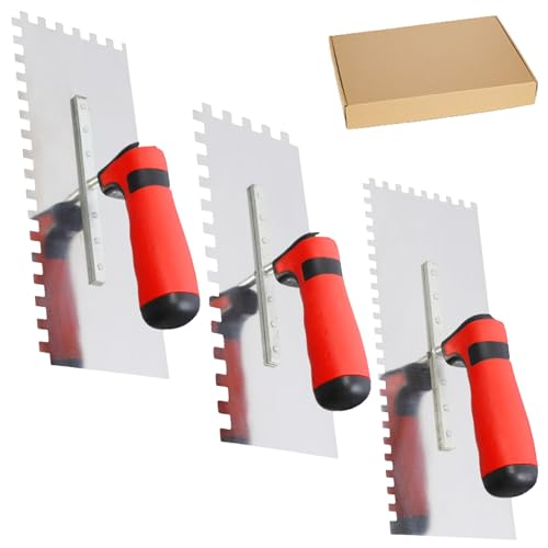 Ensemble de 3 Truelles Crantées en Acier Inoxydable, Truelle de lissage en Acier Inoxydable avec Crans de 6/8/10 mm, Truelle Crantée Antirouille avec Manche pour L'application D'enduits