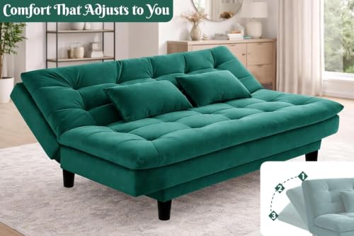 Image of Velvet Fabric Wooden 3-Seater Apsen Sofa Bed with Tufted Couch with Adjustable Backrest- Living Room Furniture-Green-Color