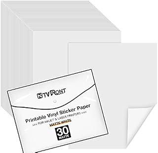 HTVRONT Printable Vinyl 30 Sheets Waterproof Printable Vinyl Sticker Paper Dries Quickly Matte White Size 8.5"x11" for Laser & Inkjet Printer