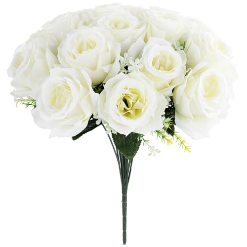 Hemobllo Bouquet di Fiori Artificiali per Cimitero 18 Teste Fiori Finti Color Crema Composizione Decorativa per Funerali e Commemorazioni Dimensioni Compatte Resistente allo