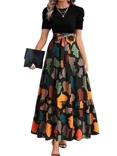 SweatyRocks Langes Kleid Damen Elegant Maxikleid Mit Blumen Abendkleid Italienische Mode Blusenkleid A Linien Kleid Mit Gürtel Schwarz L