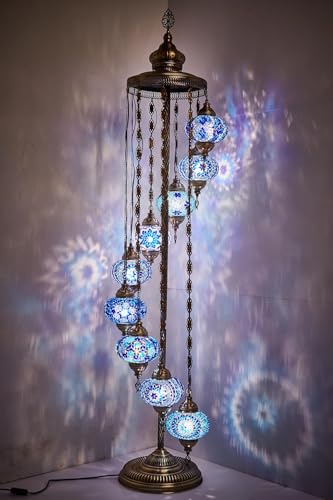 DEMMEX - Lámpara de pie de mosaico marroquí turco de 9 globos grandes, lámpara de pie de mosaico Tiffany, estilo bohemio, bohemio, vidrieras, 6 pies (azul)