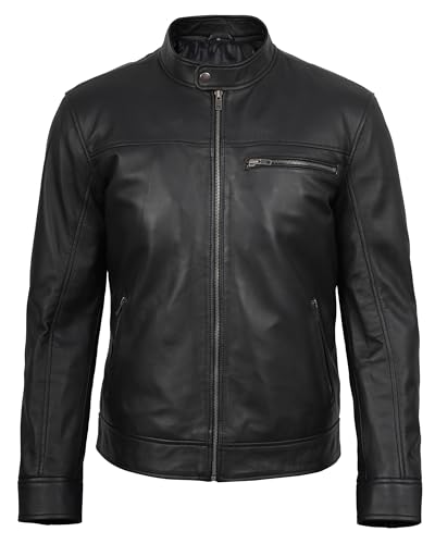 Image of fjackets Mens Leather Jacket - Real Lambskin Cafe Racer Moto Biker Stand Collar Jacket
