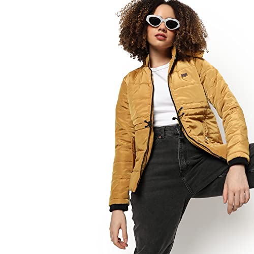 Image of Campus Sutra Women Mustard Hooded Puffer Regular Fit Bomber Jacket For Winter Wear | Standing Collar | Full Sleeve | Zipper | Casual Jacket For Woman & Girl | Western Stylish Jacket For Women