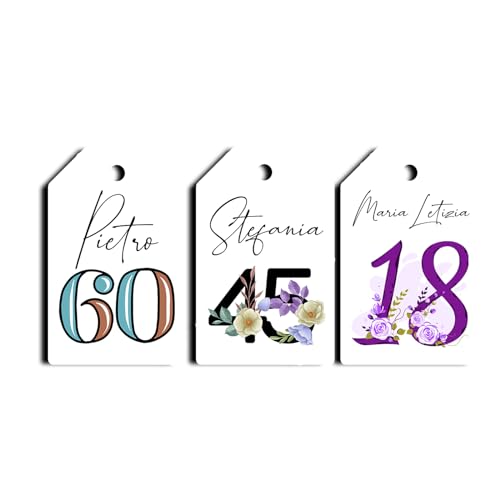 12 Cartellini Tag Bigliettini Personalizzati per Compleanno Adulti 18-99 Anni – Con Nomi e Numero Anni, Stile dei Numeri a Scelta – Ideali per Bomboniere, Segnaposto e Regalo Fine Festa
