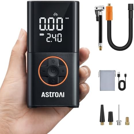 AstroAI Wireless Electric Air Pump, Portable Battery Bicycle Pump with All Valves, LED Light, Rechargeable Tyre Pump for Bicycle, E-Bike, Car, Motorcycle, Balls | mit alle ventile LED-Licht, Wiederaufladbare Reifenpumpe für Fahrrad, E-Bike, Auto, Motorrad, Bälle, Schwarz - View 3