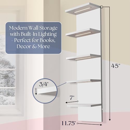 Sorbus LED Light Display Shelf - Vertical 5 Tier Wall Shelf Unit with 2 Hooks, Column Utility Shelving for Home Decor, Wall-Mounted Floating Shelves for Bathroom, Bedroom, Vanity, Figurine Display — view 2