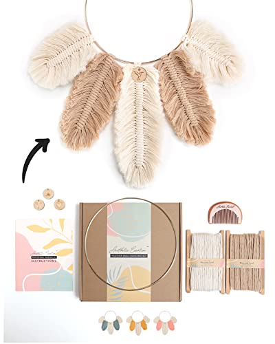 DIY Macrame Kit, Feather Dream Catcher Wall Hanging Kits for Teens & Adult Beginners, Craft Supplies for Boho Art Project-Macrame Cord, Gold Hoop, Accessories & Instructions (Khaki)