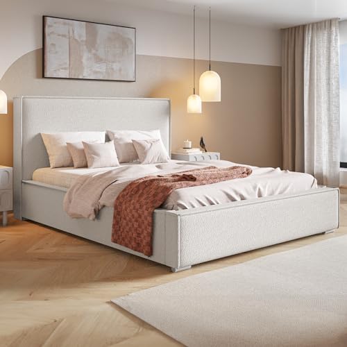 MOTIVENA Arizona Bett 180x200 Weiß Boucle, mit Stauraum, mit Kopfteil, mit Lattenrost, mit Füßen, ohne Matratze, Polsterbett 180x200 mit Bettkasten Weiß (Milch)