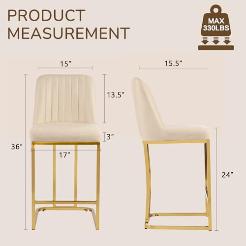 Image of LSSBOUGHT Counter Height Bar Stools Set of 2 24'' Upholstered Padded Barstools with Back Leathaire Counter Stools for Kitchen Island Chairs with Gold Metal Iron Frame, Beige