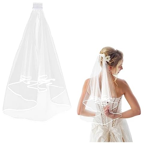 Amaxiu Short Wedding Bridal Veil with Comb, 2 Tier Tulle Bride Veil Elbow Length Wedding Veil Ribbon Edge 60-80cm/23-31in Cover