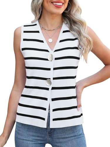 Image of Women's Sweater Vest V Neck Striped Sleeveless Knit Button Down Tank Tops Casual Cropped Sweater Cardigan Vest