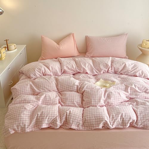 Image of BOLINLIVING Gingham Duvet Cover Twin Size, 2PCS Pink White Checkered Plaid Duvet Cover Set, Microfiber Bedding Set for All Season with Zipper Closure and Corner Ties