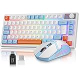 Rewurnth Wireless Keyboard and Mouse Set, 75% Compact UK Layout Gaming Keyboard with Volume Knob, Rechargeable RGB Backlit Mouse with Power Display for PC Mac Xbox PS4