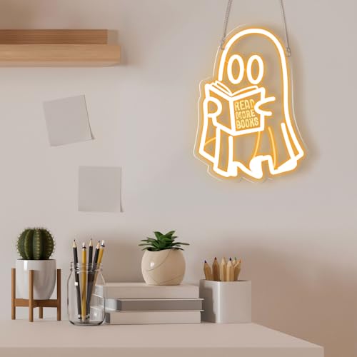 Image of Retisee Ghost Reading Book Lamp Reading Ghost Neon Sign LED Room Hanging Sign Book Neon Light for Bedroom Home Library Read Club Kids Room Store Lover Gifts
