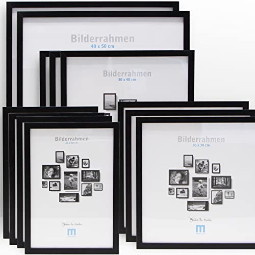 12 tlg. Foto Bilderrahmen-Set in Schwarz in verschiedenen, unterschiedlichen Größen. Für Fotowände & Bilderwände mit schwarzen Bilderrahmen, Hochformat & Querformat geeignet. Von 21x30cm bis 40x50cm