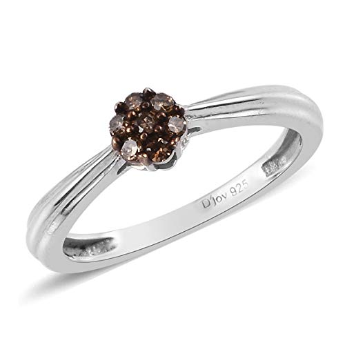 925 Sterling Silver Platinum Rhodium Plated Round Champagne Diamond Ring Wedding Anniversary Bridal Engagement Jewelry Valentines Gift for Women Size 7 Ct 0.2