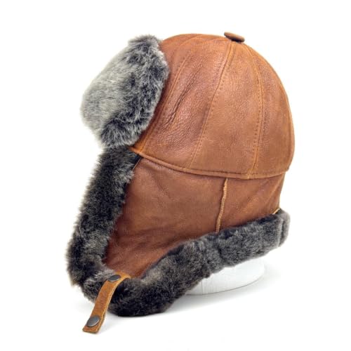 Image of Leather Aviator Russian Ushanka Trapper Shearling Sheepskin Fur Ear Flap Waterproof Winter Hat