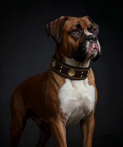 Hundehalsband Leder, 5 cm Breites Robustes Echtes Lederhalsband, Handgefertigt, Weich und Luxuriös, Auffällige Beste Wahl für Große und Mittelgroße Hunderassen, Gold-Braun M