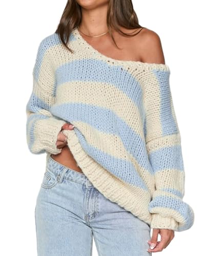 Womens Y2k One Shoulder Striped Sweaters Oversized Fall Winter Color Block Long Sleeve Sweater Pullover Knit Tops